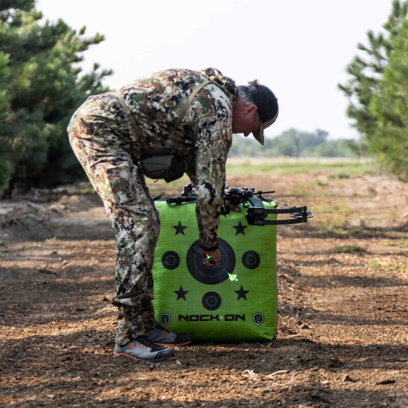 John Dudley of Nock On Archery practicing bowhunting shots.