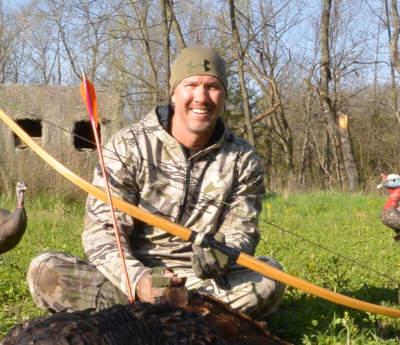 John Dudley bowhunting turkeys with a longbow from his grandfather.