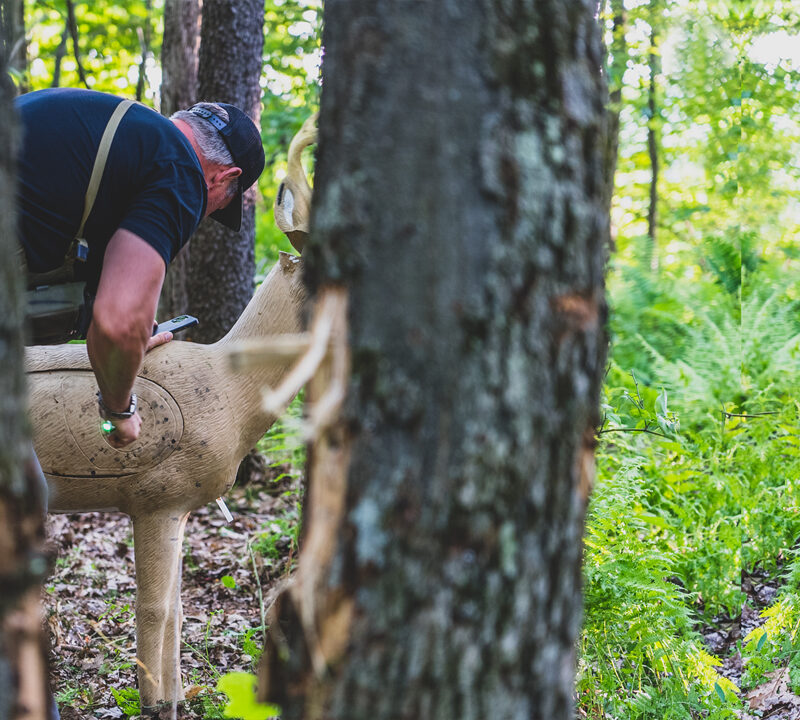 John Dudley pulling arrows from a 3D target at a Total Archery Challenge.