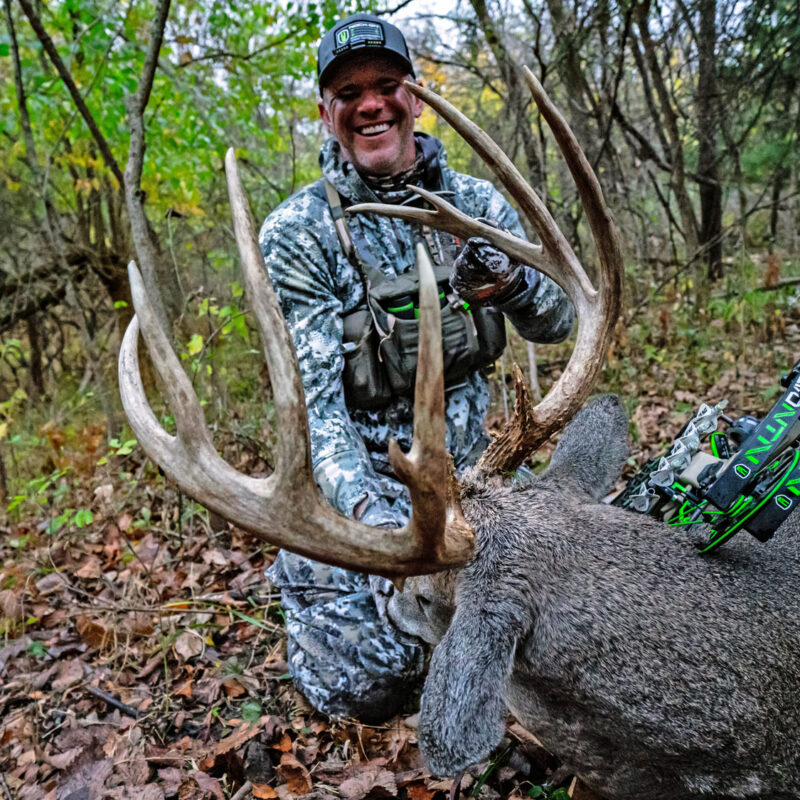 John Dudley of Nock On Archery with a Monster Whitetail Buck shot in Iowa.