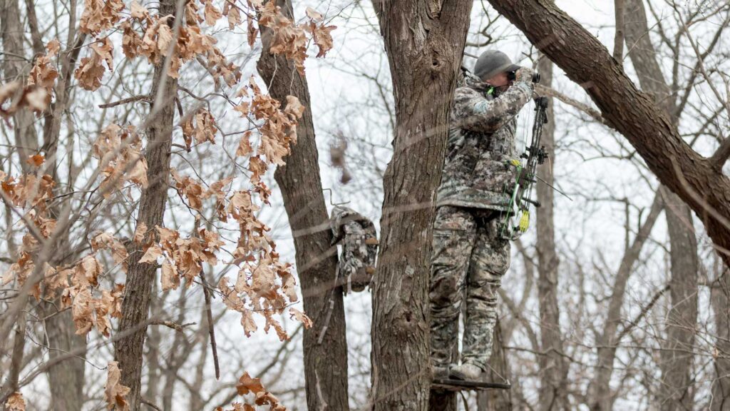 School Of Nock 1 John Dudley whitetail hunting in a treestand in the midwest.