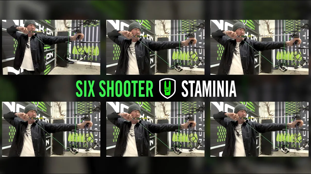 SIX SHOOTER STAMINA- Building Blocks For Archers 1 John Dudley performing a six-shooter archery stamina drill, featuring six different images of him drawing a compound bow, with the text ‘Six Shooter Stamina’ in bold letters in the center.