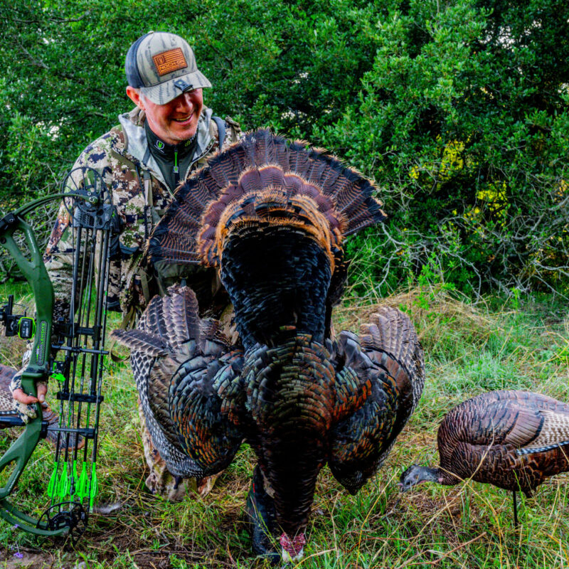 John Dudley holding a harvested wild turkey by the fan, standing in a grassy outdoor setting with his compound bow in hand, surrounded by turkey decoys.