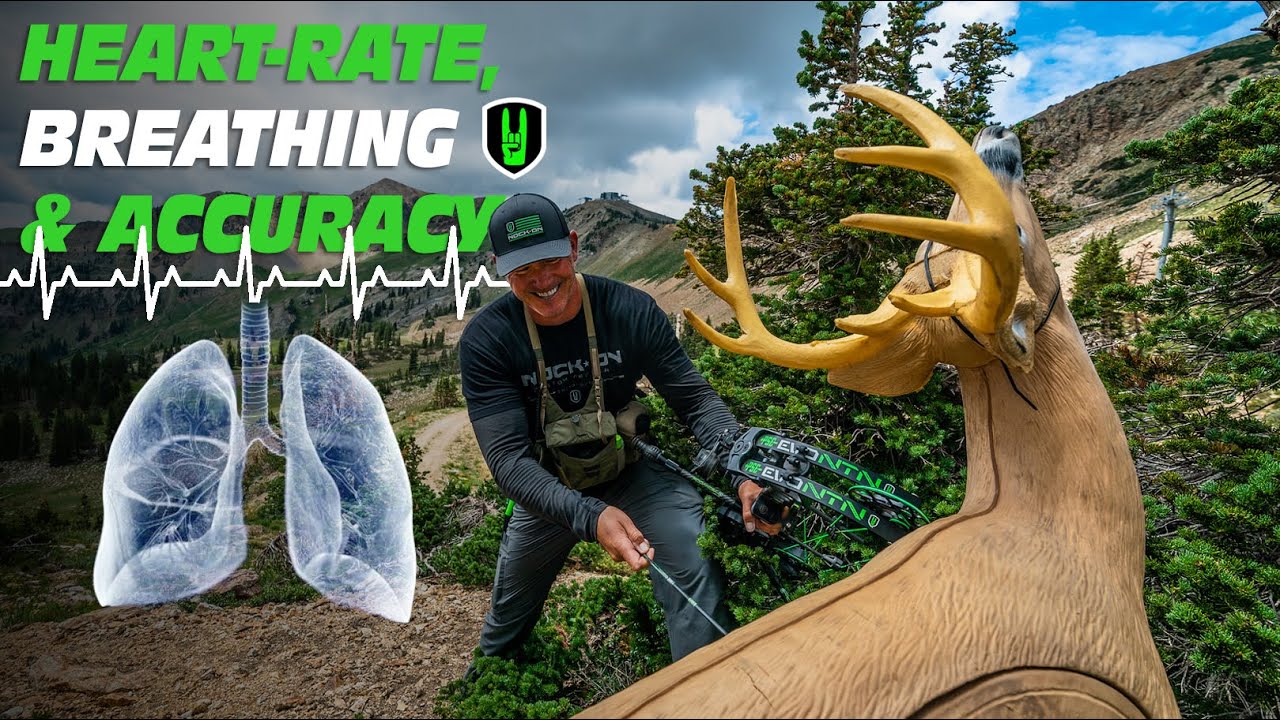 HAPPY HEART RATE = HAPPY TARGET - Control Your Breathing! 1 John Dudley kneeling next to a 3D deer target in a mountainous outdoor setting, with the text ‘HEART-RATE, BREATHING & ACCURACY’ alongside graphics of lungs and a heart rate line.