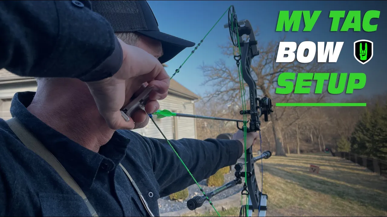MY TOTAL ARCHERY CHALLENGE BOW SETUP 1 John Dudley drawing a compound bow outdoors, with the text ‘MY TAC BOW SETUP’ in green letters overlaid on the image.