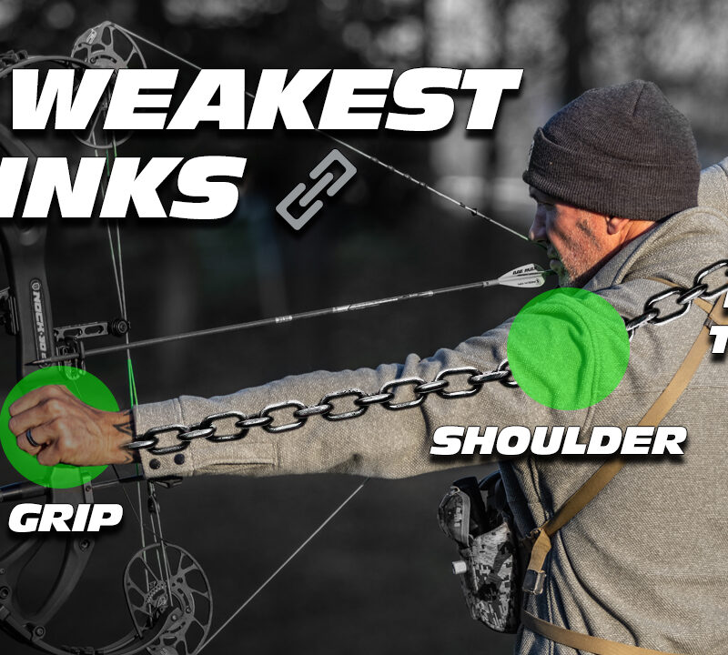 John Dudley at full draw with a compound bow showcasing his weakest links.