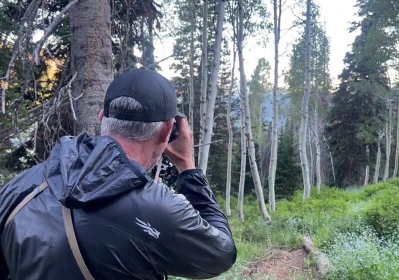 Archer aiming a rangefinder at a 3D target for precise distance measurement.