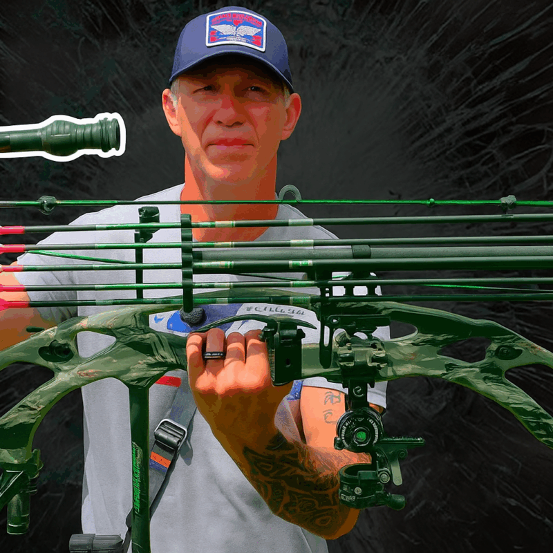 Man holding hunting bow with arrows and stabilizer — showcasing streamlined bow setup for field performance.