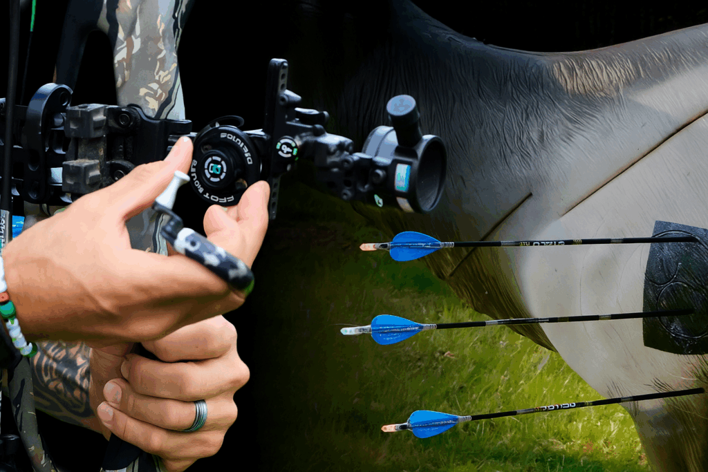 School Of Nock 9 Hands adjusting a bow sight with three arrows nearby — illustrating common bow sight mistakes and fine-tuning.