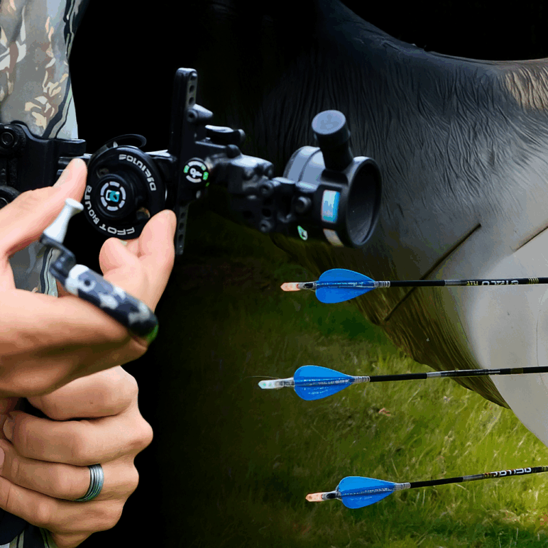 Hands adjusting a bow sight with three arrows nearby — illustrating common bow sight mistakes and fine-tuning.