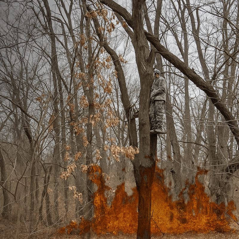 Hunter in camouflage sitting quietly in a tree stand, surrounded by dense forest during early deer season.