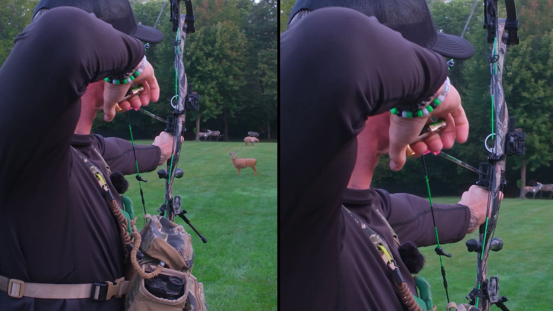 Bowhunter at full draw aiming at a deer target on a grassy range beside the woods, practicing a bowhunting mental reset.