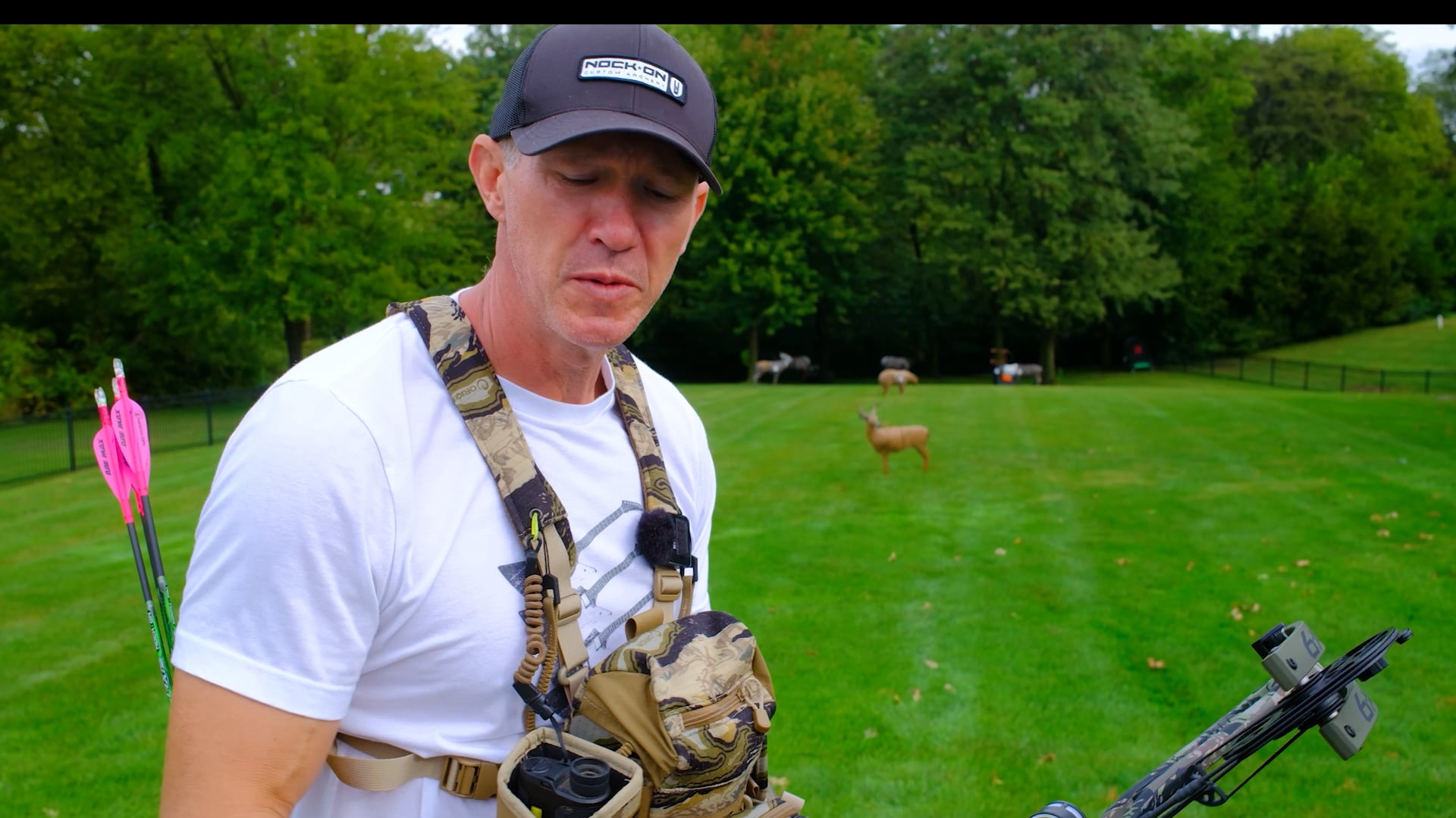 Archer in Nock On cap with compound bow and camo harness.