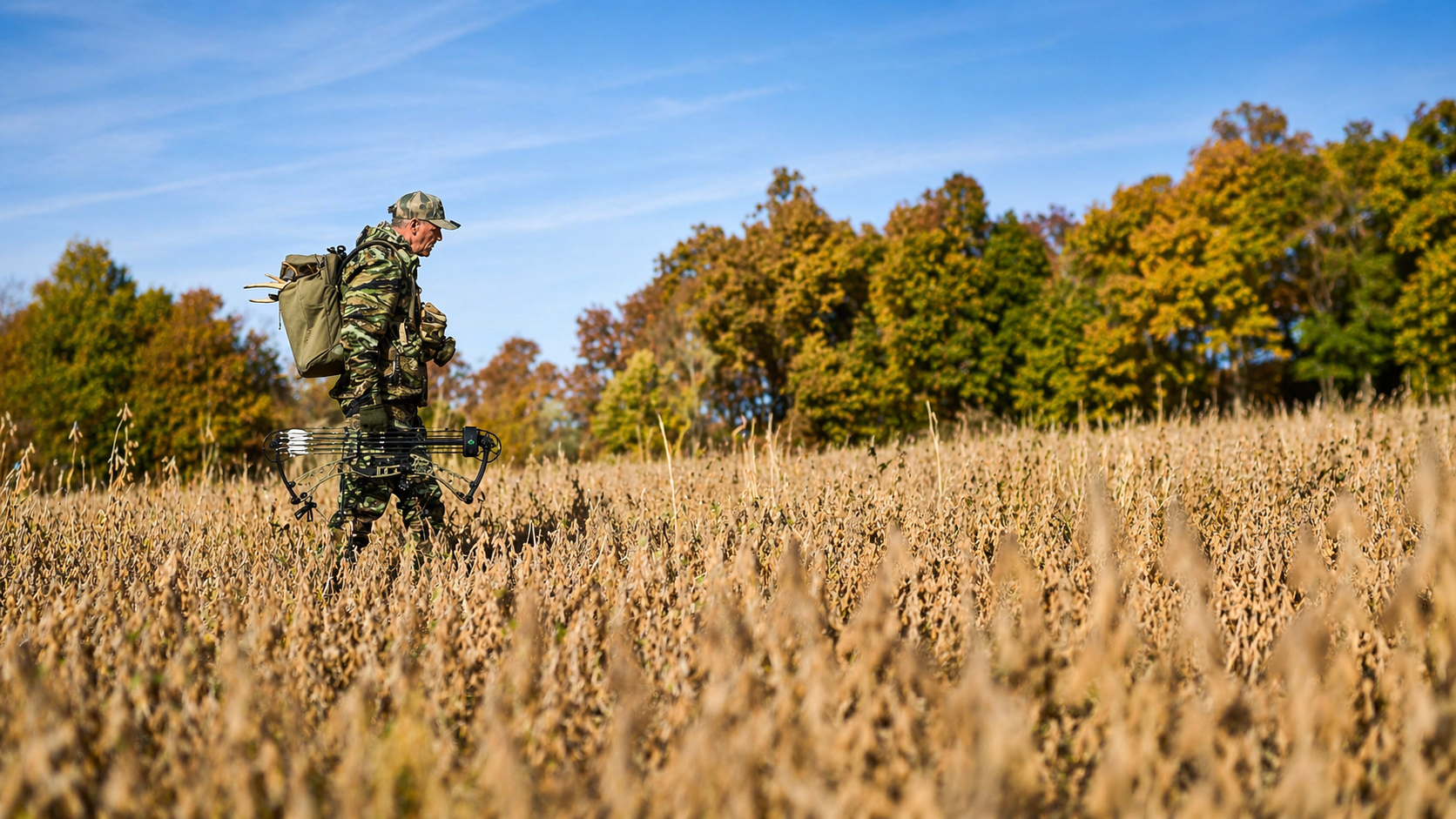 Bowhunter in full camo walking through a dried soybean field with a compound bow and pack.